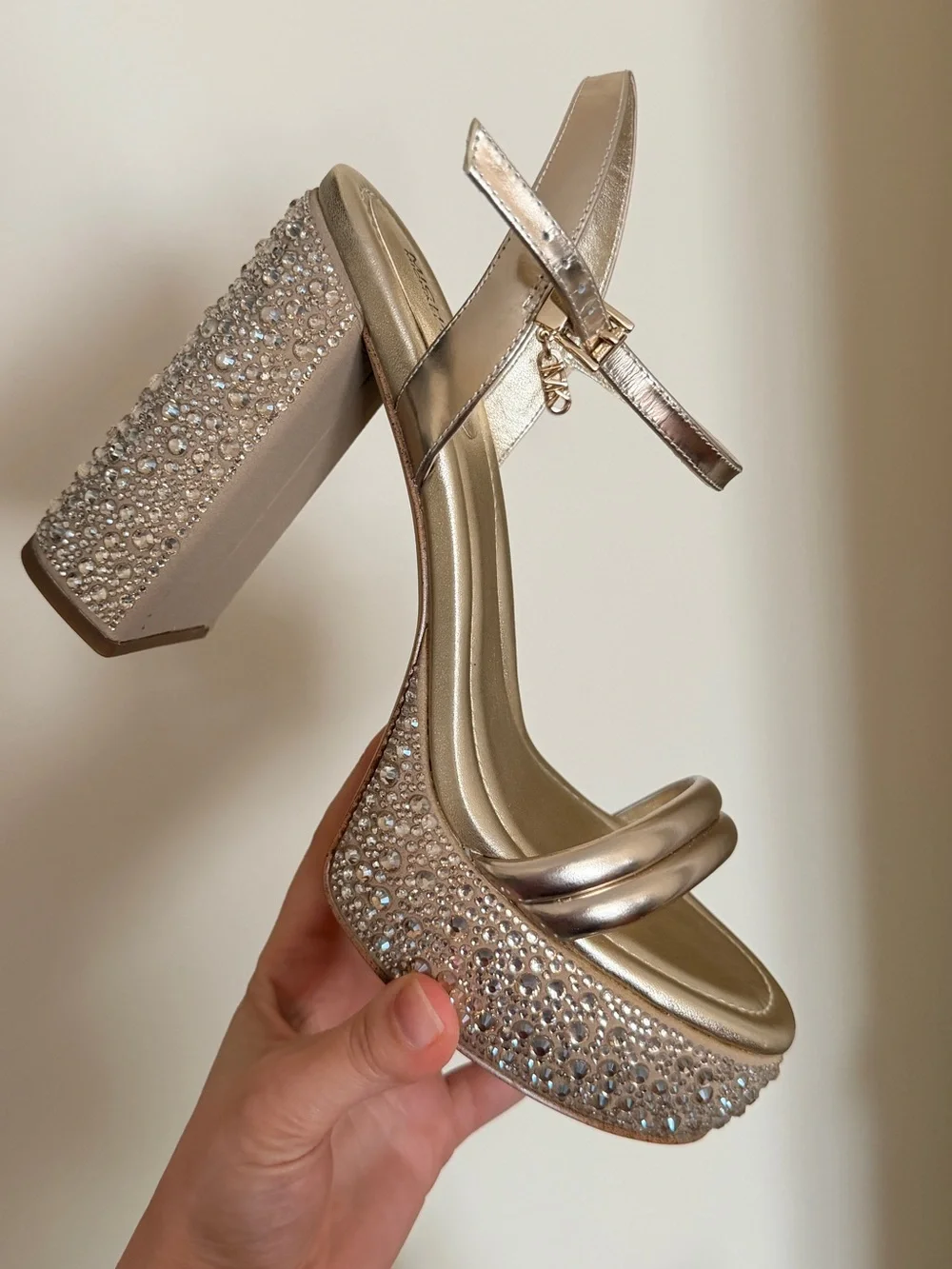Michael Kors Rose Gold Platform Sandals with Crystal-Embellished Heel